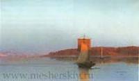 Парусное судно при солнечном закате. 1880-е