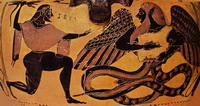 Битва Зевса с Тифоном (рисунок амфоры, 550 г. до н.э.)